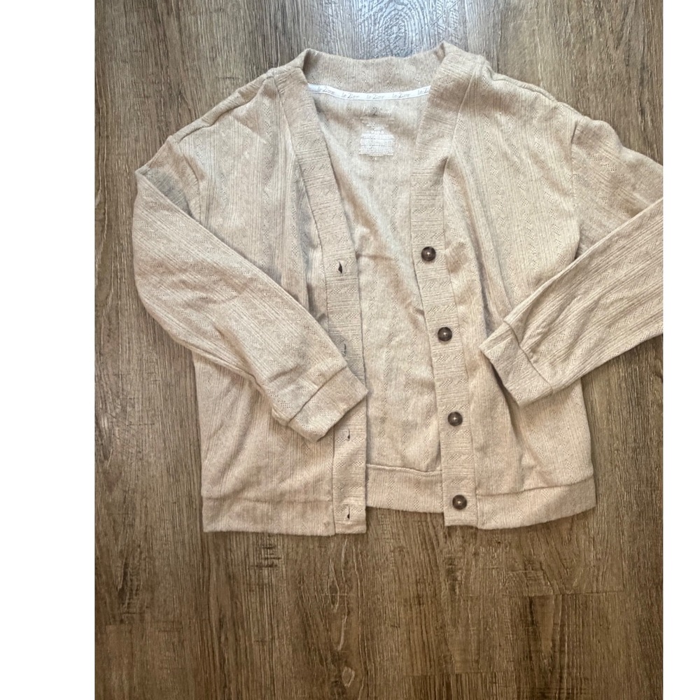 Live 2 Lounge Cardigan Sweater Size L Tan Beige Pointelle Knit Button Front